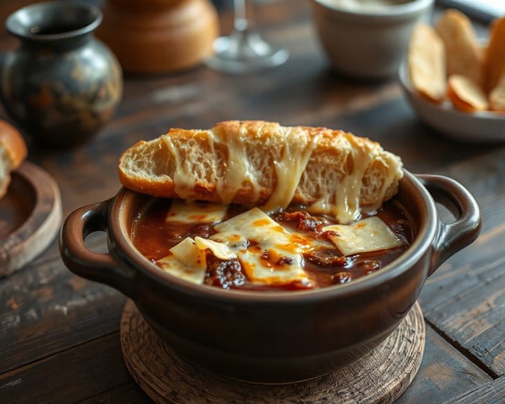 caramelized onions savory broth cheesy bread