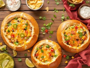 cheesy creamy mexican inspired bread bowl burrito