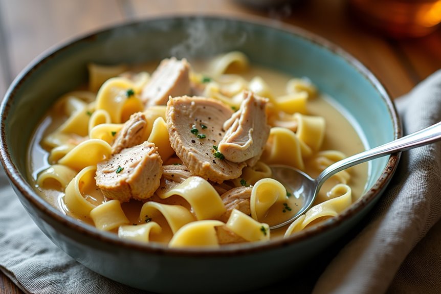 comforting slow cooked chicken and noodles