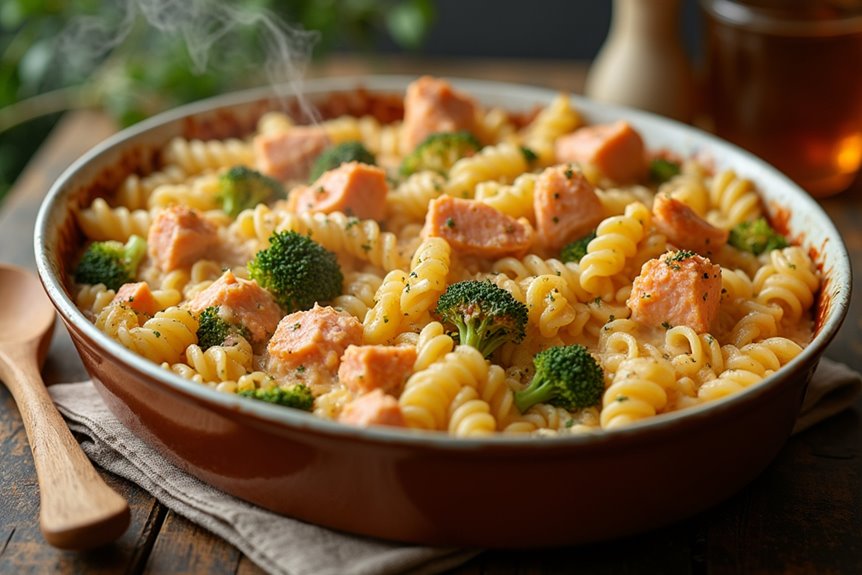 creamy cheesy salmon pasta bake