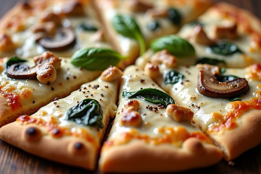 crispy creamy savory chicken mushroom pizza