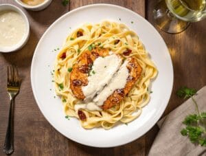 crunchy chicken parmesan with alfredo pasta