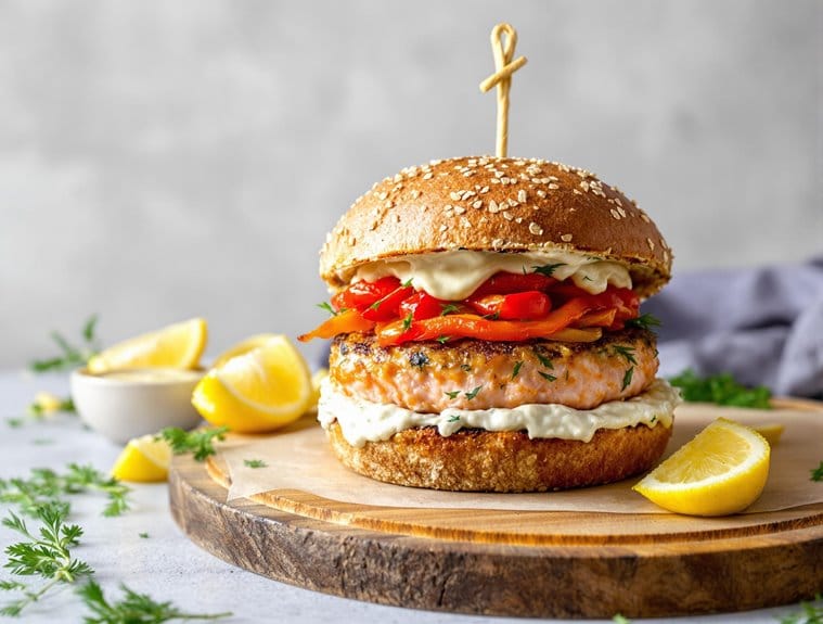 flavorful mediterranean salmon burger with aioli