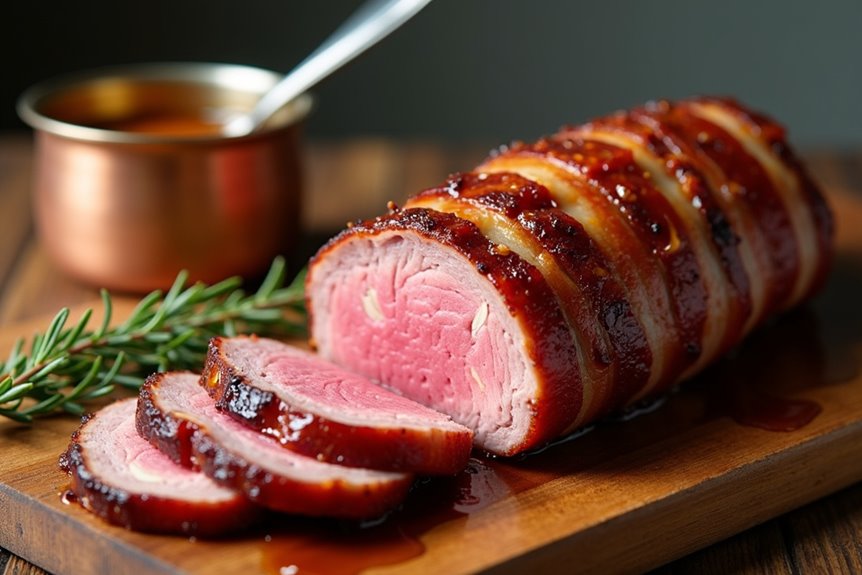 garlic infused bacon wrapped sirloin roast with mustard sauce