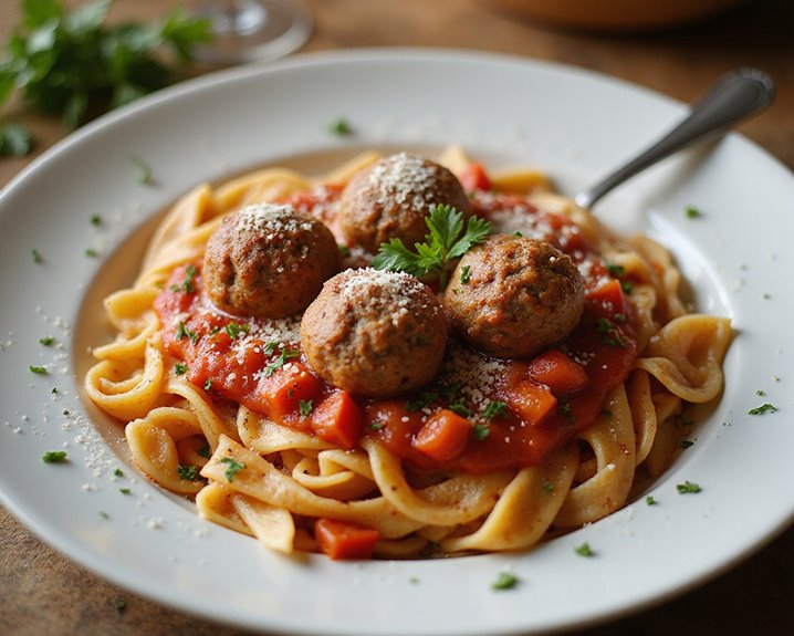 homemade italian meatballs with parmesan pasta