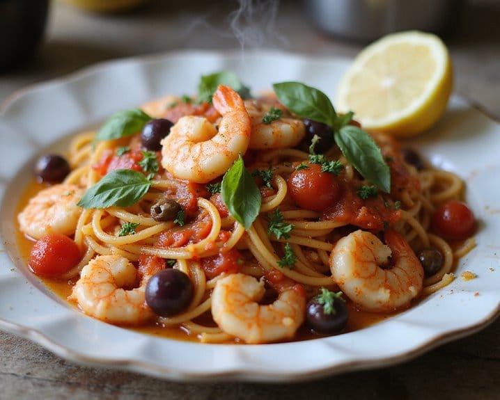 mediterranean shrimp puttanesca with spaghetti