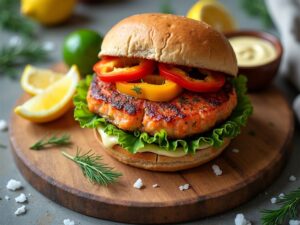 salmon burger with zesty mediterranean aioli