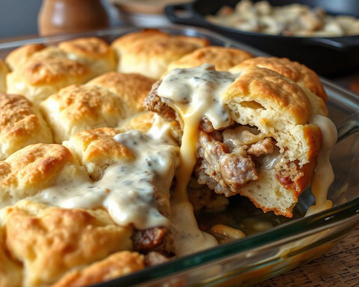 sausage biscuits cheese and creamy gravy