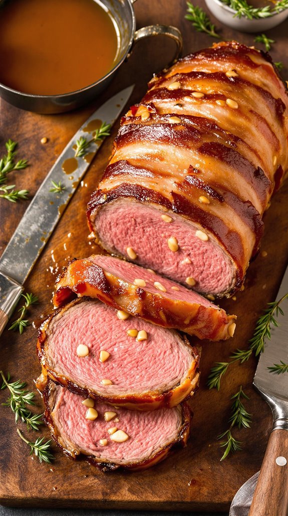 savory bacon wrapped garlic infused sirloin steak
