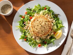 savory coastal crab cake salad