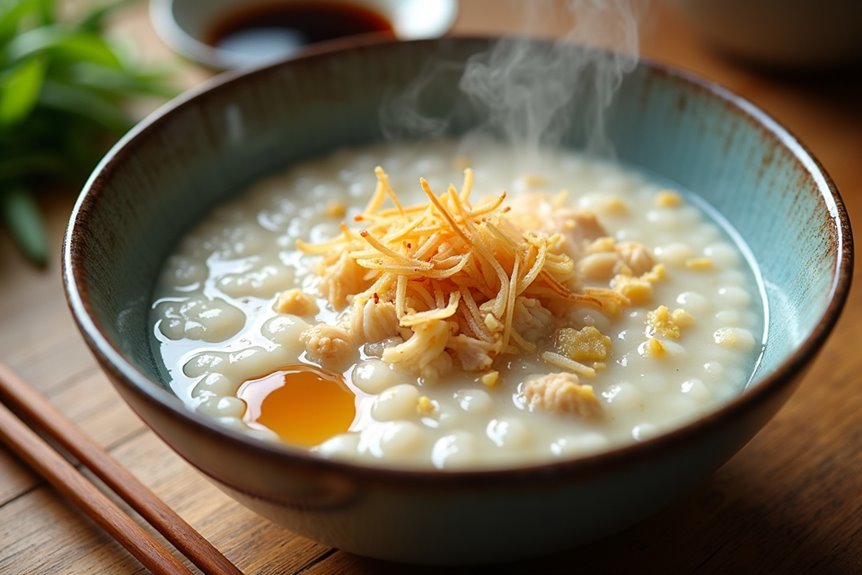 simmered chicken congee with crispy garlic