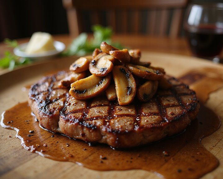 sizzling mushroom topped ribeye steak