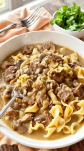 slow cooked beef and tender noodles