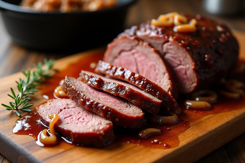 slow cooked melt in your mouth brisket with caramelized onions