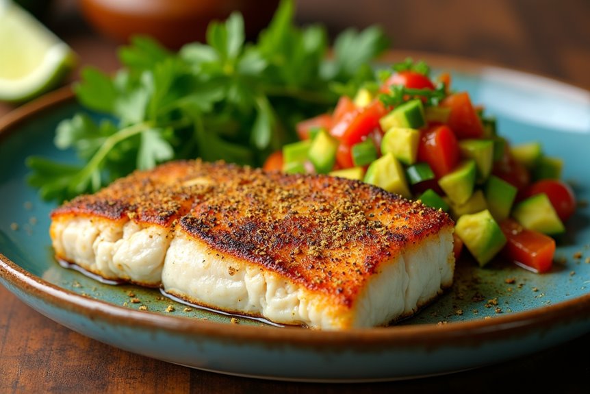 smoky spice crusted tender swordfish with zesty salsa