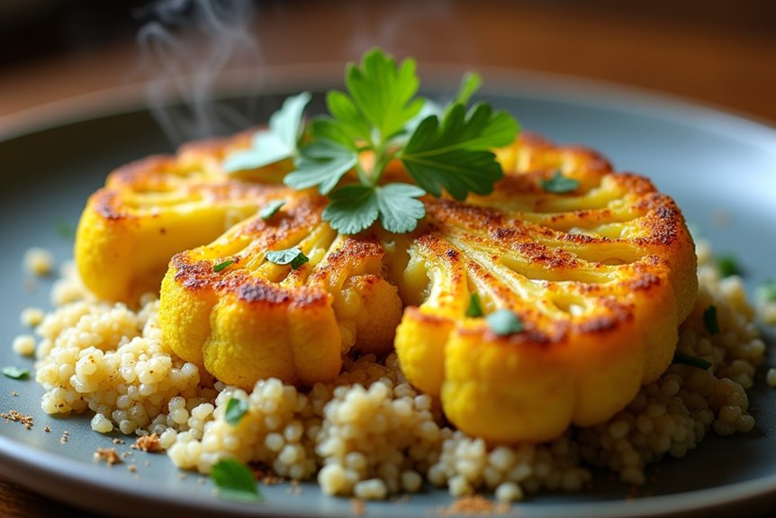 turmeric seasoned cauliflower steaks with quinoa