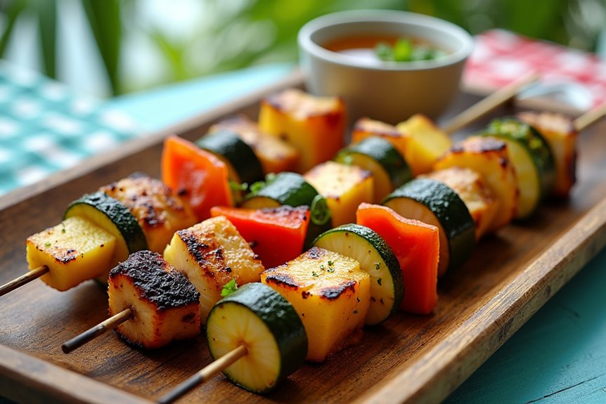 vibrant mouthwatering hawaiian style grilled chicken kebabs