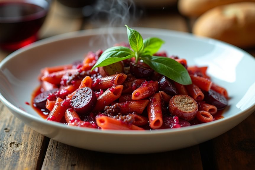 wine infused beet sausage pasta