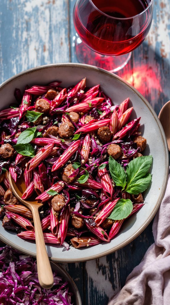 wine infused beet sausage pasta dish