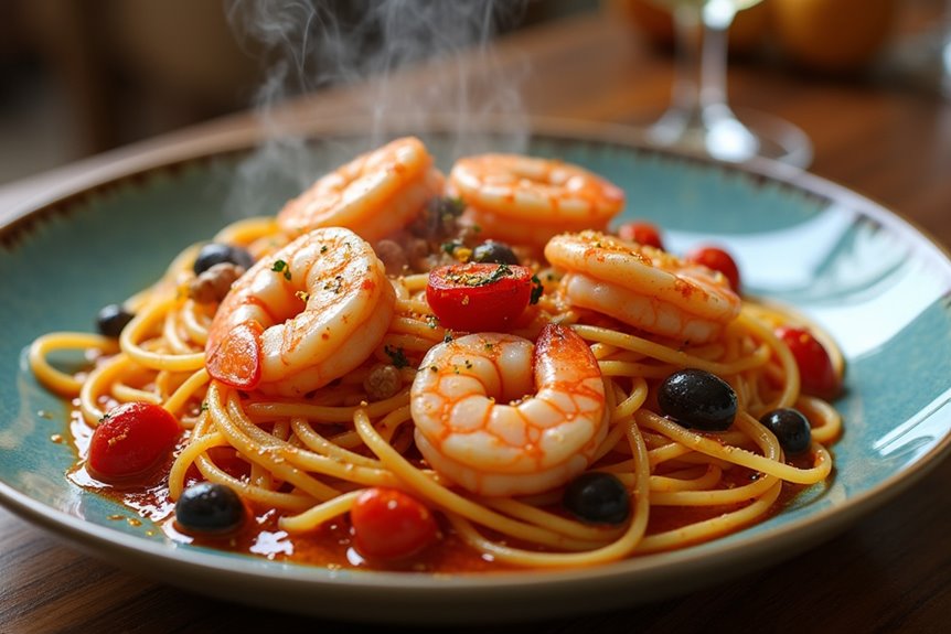 zesty shrimp in puttanesca style sauce